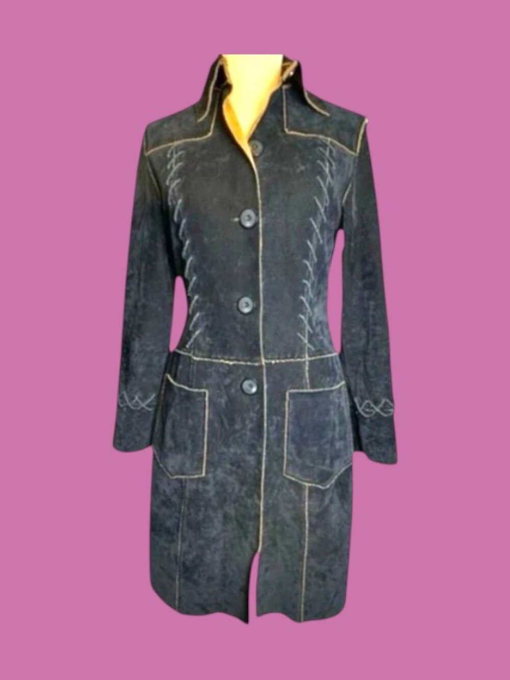 Pretty Black Suede Knee Length Coat sz S